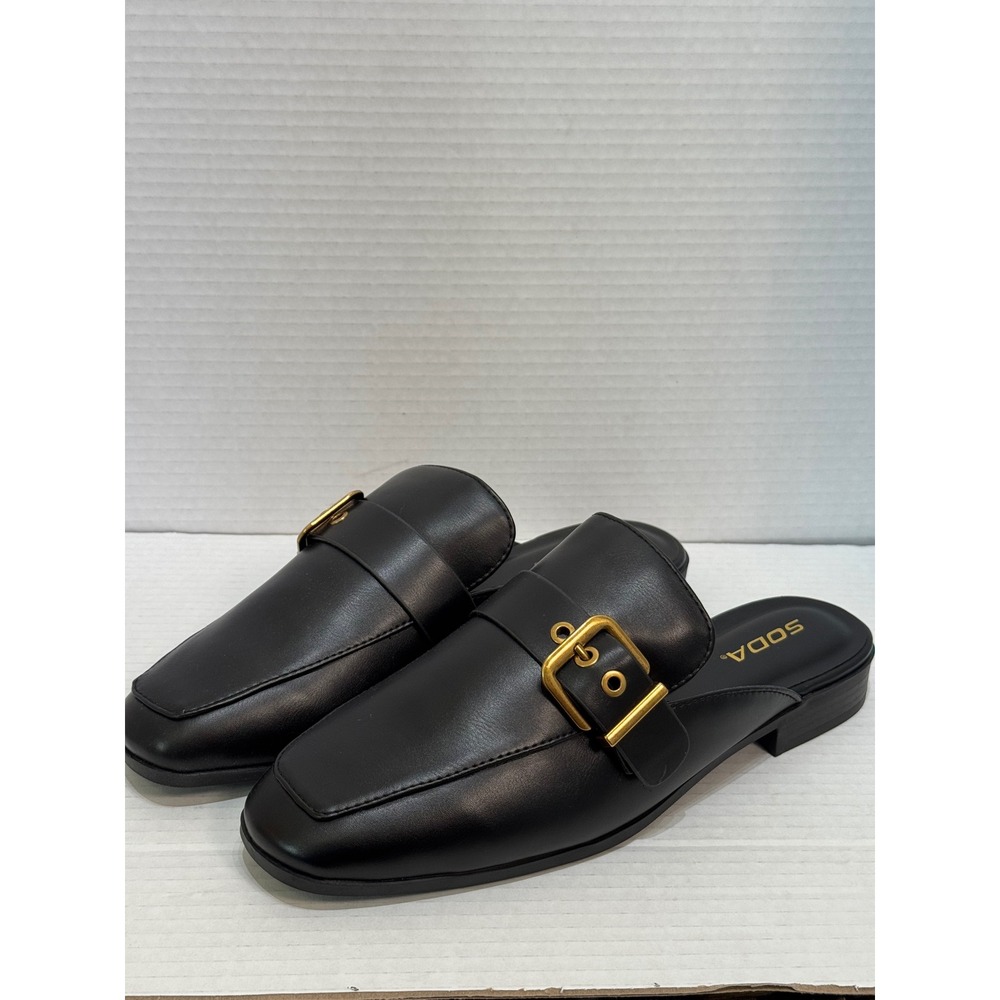 Soda Womens Black Faux Leather Buckle Mule Loafer Square‎ Toe Flat Shoes Size 10